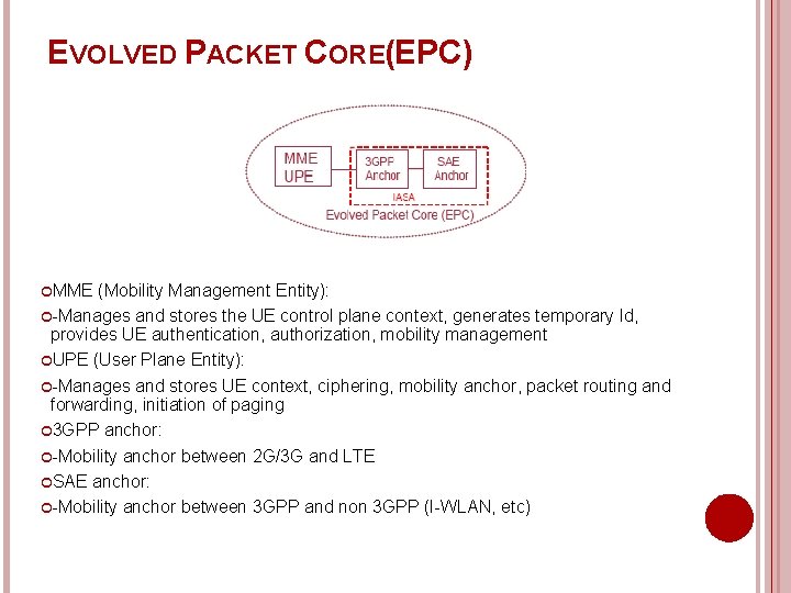 EVOLVED PACKET CORE(EPC) MME (Mobility Management Entity): -Manages and stores the UE control plane