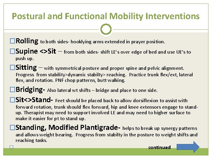 Postural and Functional Mobility Interventions �Rolling to both sides- hooklying arms extended in prayer