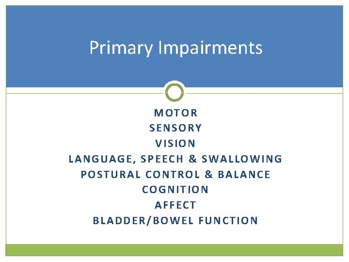 Primary Impairments MOTOR SENSORY VISION LANGUAGE, SPEECH & SWALLOWING POSTURAL CONTROL & BALANCE COGNITION