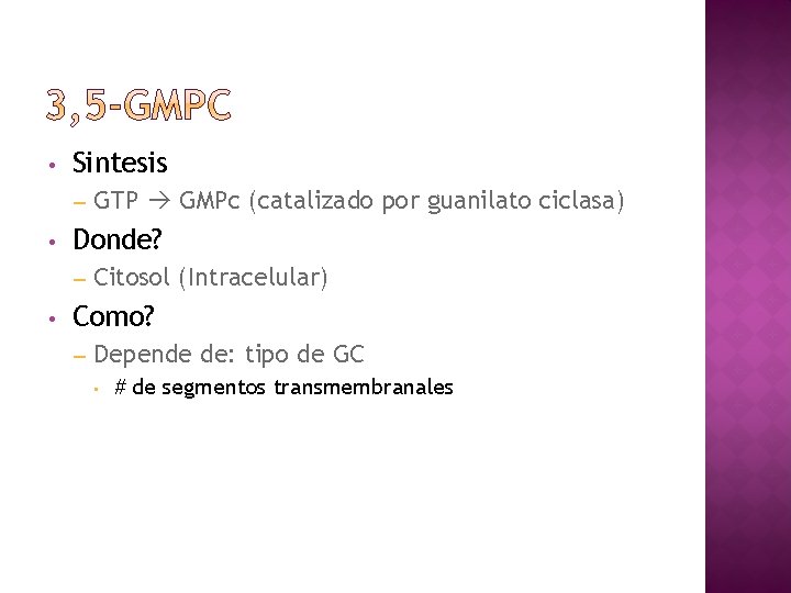  • Sintesis – • Donde? – • GTP GMPc (catalizado por guanilato ciclasa)