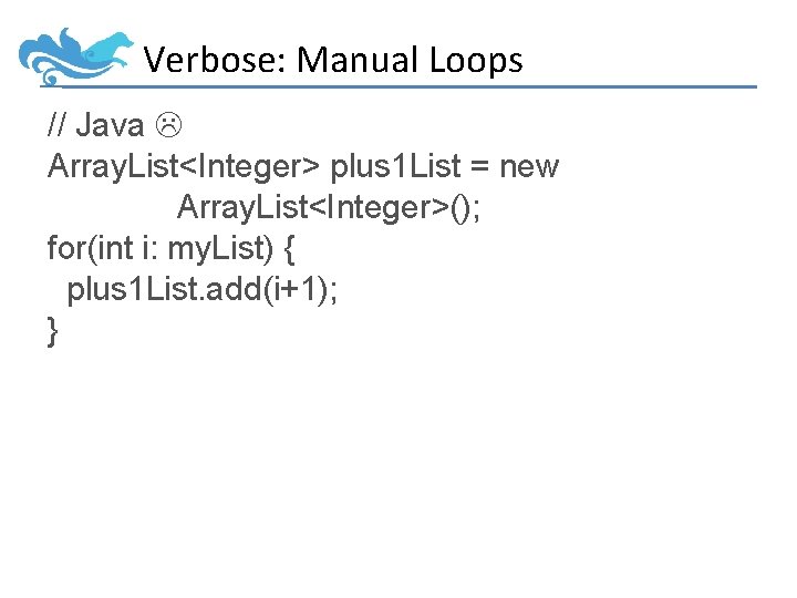 Verbose: Manual Loops // Java Array. List<Integer> plus 1 List = new Array. List<Integer>();
