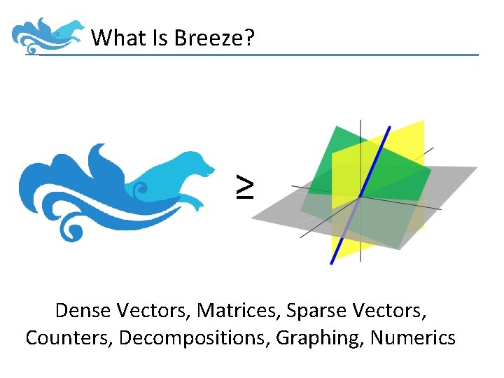 What Is Breeze? ≥ Dense Vectors, Matrices, Sparse Vectors, Counters, Decompositions, Graphing, Numerics 