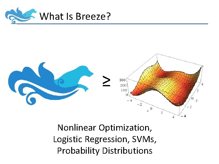 What Is Breeze? ≥ Nonlinear Optimization, Logistic Regression, SVMs, Probability Distributions 