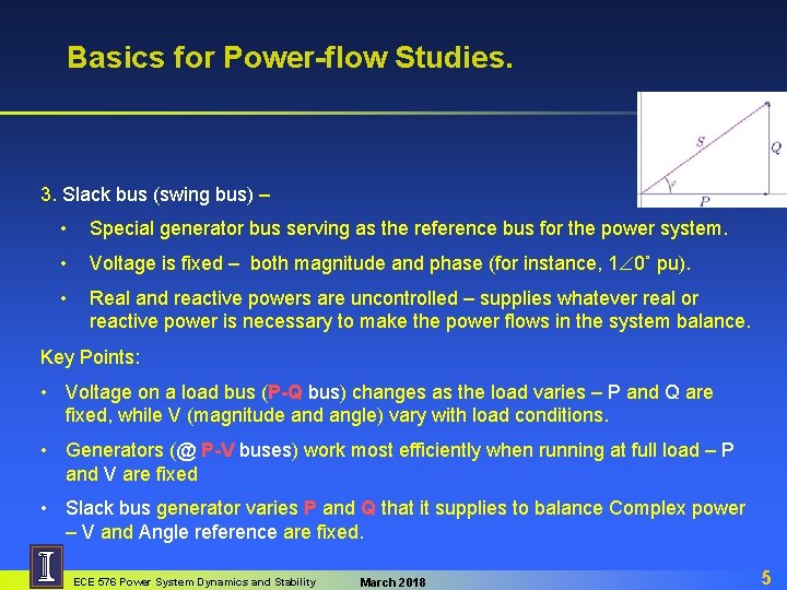 Basics for Power-flow Studies. 3. Slack bus (swing bus) – • Special generator bus