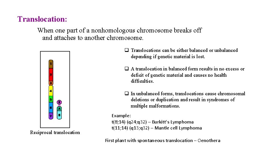 Translocation: When one part of a nonhomologous chromosome breaks off and attaches to another