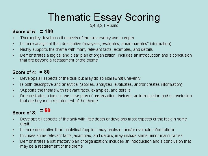 Thematic Essay Scoring 5, 4, 3, 2, 1 Rubric Score of 5: = 100