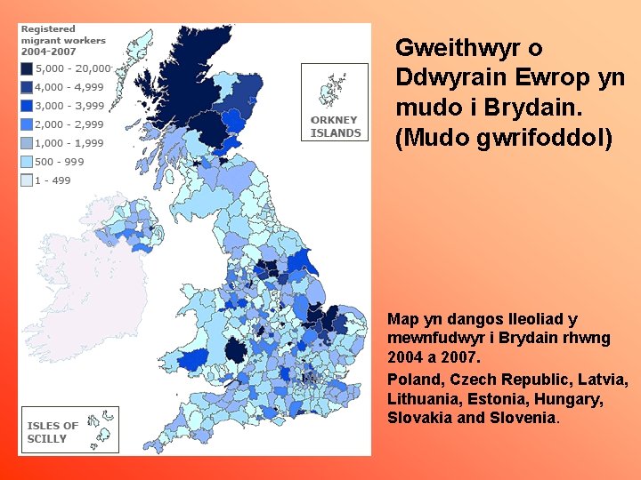 Gweithwyr o Ddwyrain Ewrop yn mudo i Brydain. (Mudo gwrifoddol) Map yn dangos lleoliad