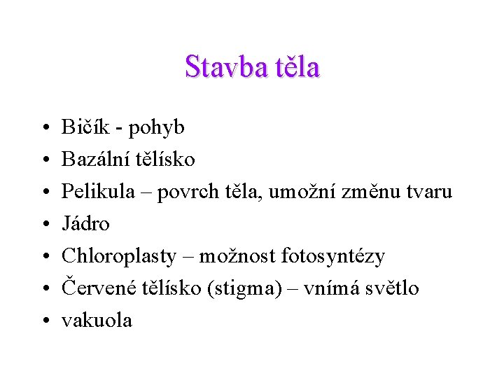Stavba těla • • Bičík - pohyb Bazální tělísko Pelikula – povrch těla, umožní