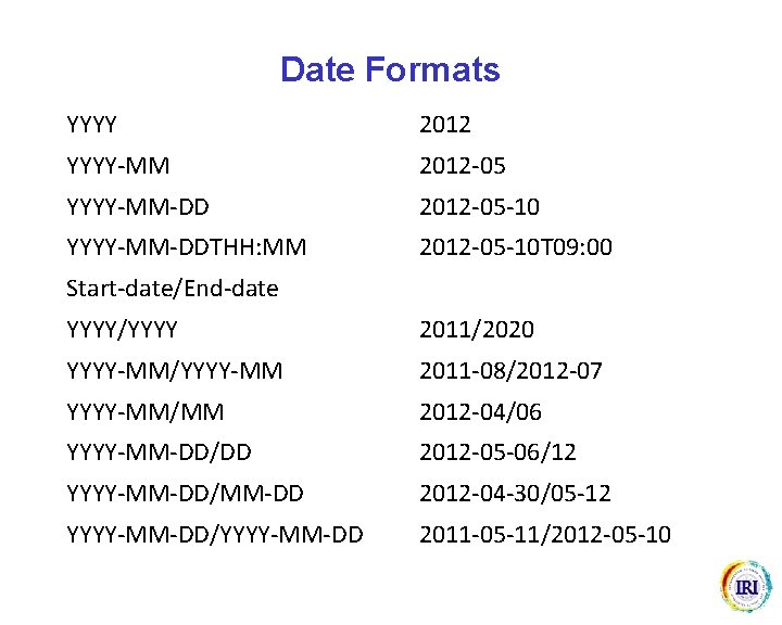 Date Formats YYYY 2012 YYYY-MM 2012 -05 YYYY-MM-DD 2012 -05 -10 YYYY-MM-DDTHH: MM 2012