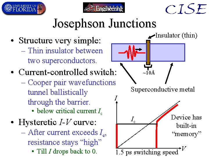 Josephson Junctions Insulator (thin) • Structure very simple: – Thin insulator between two superconductors.