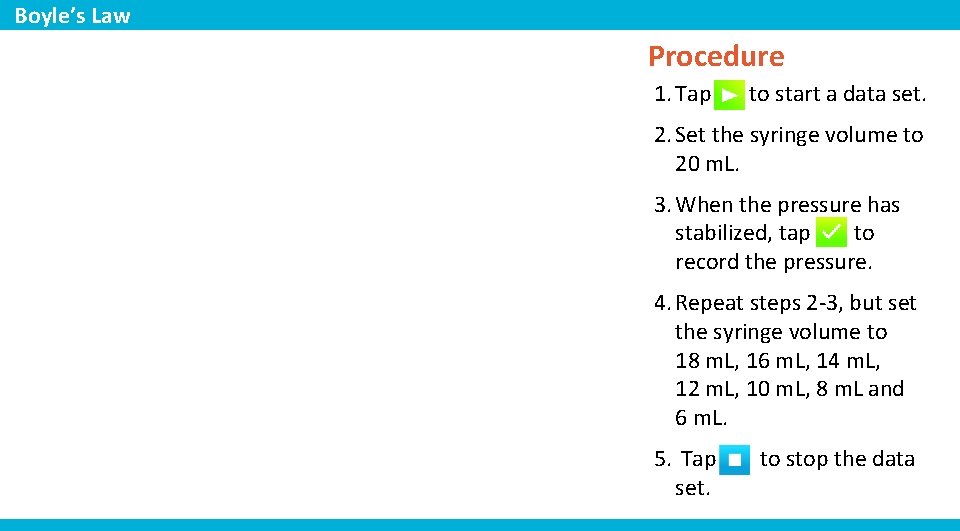 Boyle’s Law Procedure 1. Tap to start a data set. 2. Set the syringe Boyle’s Law Procedure 1. Tap to start a data set. 2. Set the syringe