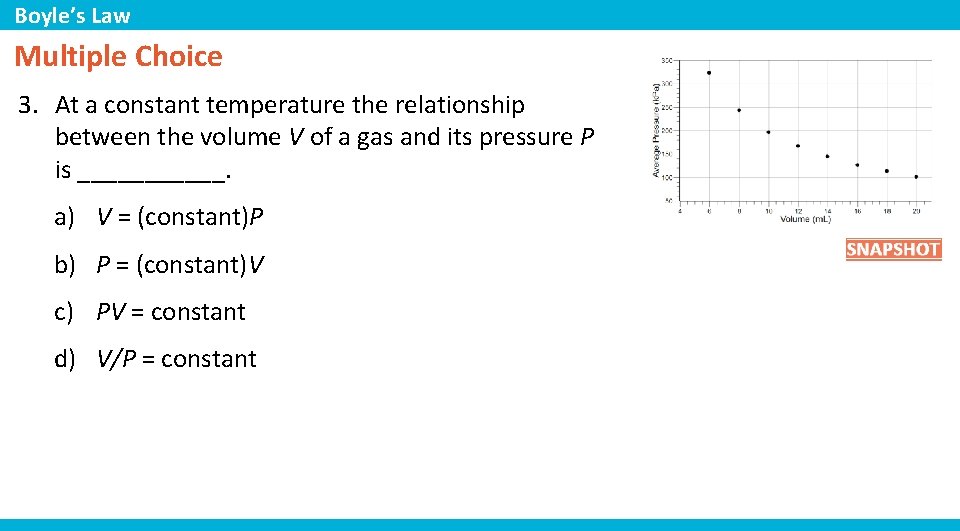 Boyle’s Law Multiple Choice 3. At a constant temperature the relationship between the volume