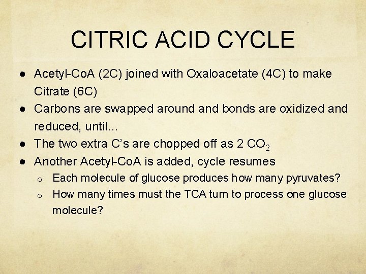 CITRIC ACID CYCLE ● Acetyl-Co. A (2 C) joined with Oxaloacetate (4 C) to