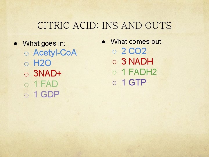 CITRIC ACID: INS AND OUTS ● What goes in: o o o Acetyl-Co. A