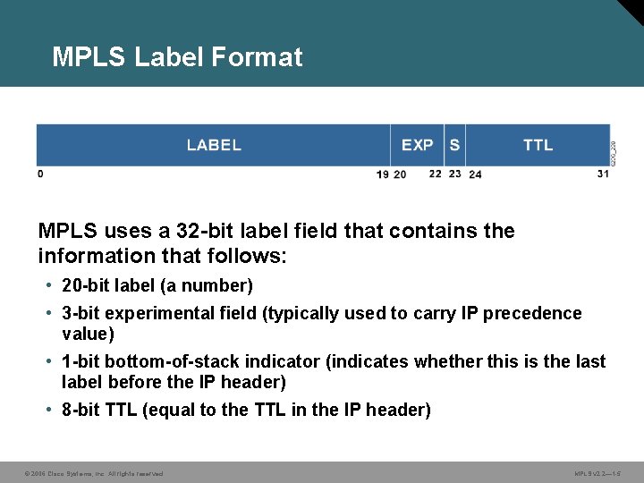 MPLS Label Format MPLS uses a 32 -bit label field that contains the information