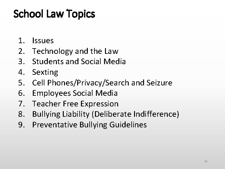 School Law Topics 1. 2. 3. 4. 5. 6. 7. 8. 9. Issues Technology