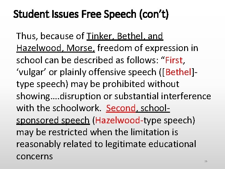 Student Issues Free Speech (con’t) Thus, because of Tinker, Bethel, and Hazelwood, Morse, freedom