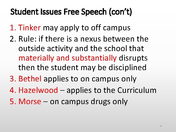 Student Issues Free Speech (con’t) 1. Tinker may apply to off campus 2. Rule: