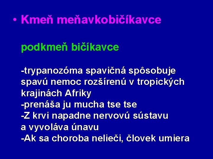  • Kmeň meňavkobičíkavce podkmeň bičíkavce -trypanozóma spavičná spôsobuje spavú nemoc rozšírenú v tropických