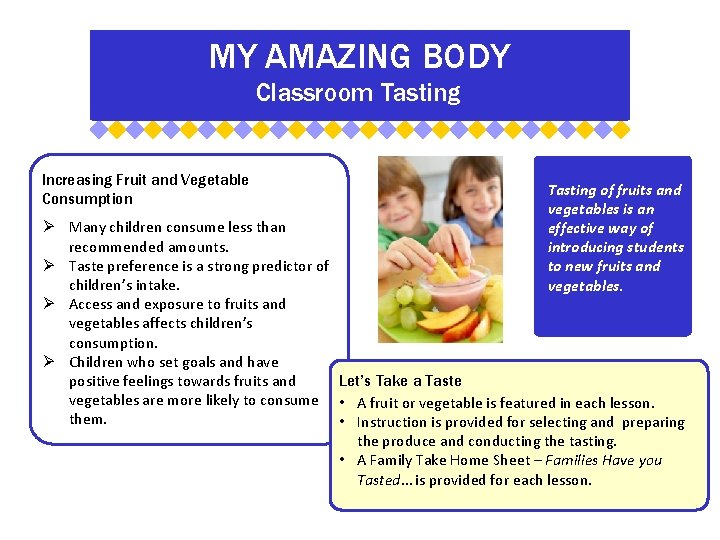 MY AMAZING BODY Classroom Tasting Increasing Fruit and Vegetable Consumption Tasting of fruits and