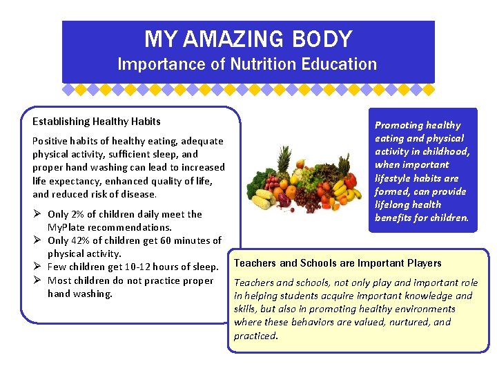 MY AMAZING BODY Importance of Nutrition Education Establishing Healthy Habits Positive habits of healthy