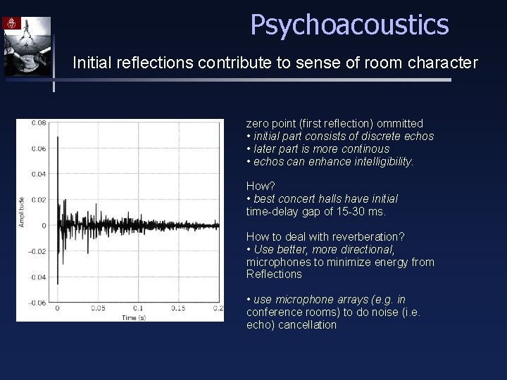 Psychoacoustics Initial reflections contribute to sense of room character zero point (first reflection) ommitted