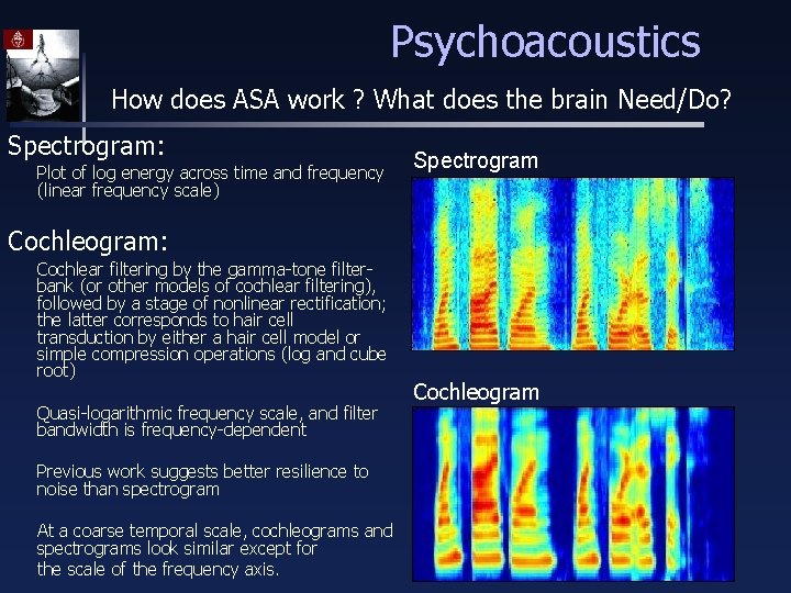 Psychoacoustics How does ASA work ? What does the brain Need/Do? Spectrogram: Plot of