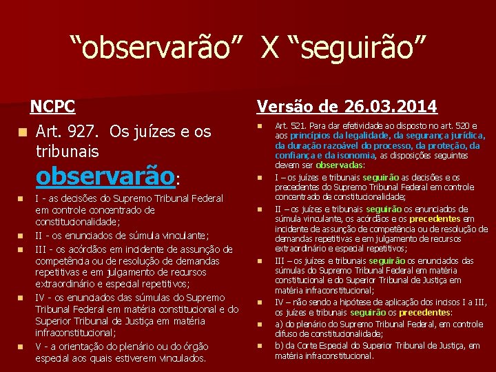 “observarão” X “seguirão” NCPC n Art. 927. Os juízes e os tribunais observarão: n