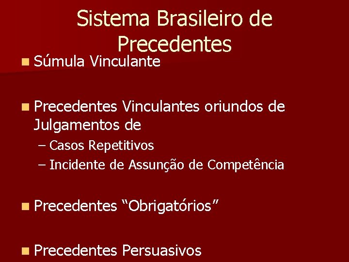 Sistema Brasileiro de Precedentes n Súmula Vinculante n Precedentes Vinculantes oriundos de Julgamentos de