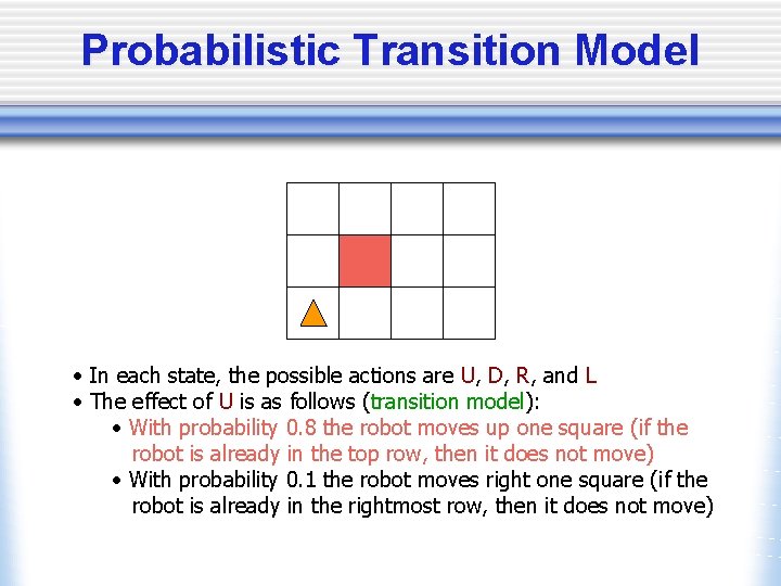 Probabilistic Transition Model • In each state, the possible actions are U, D, R,