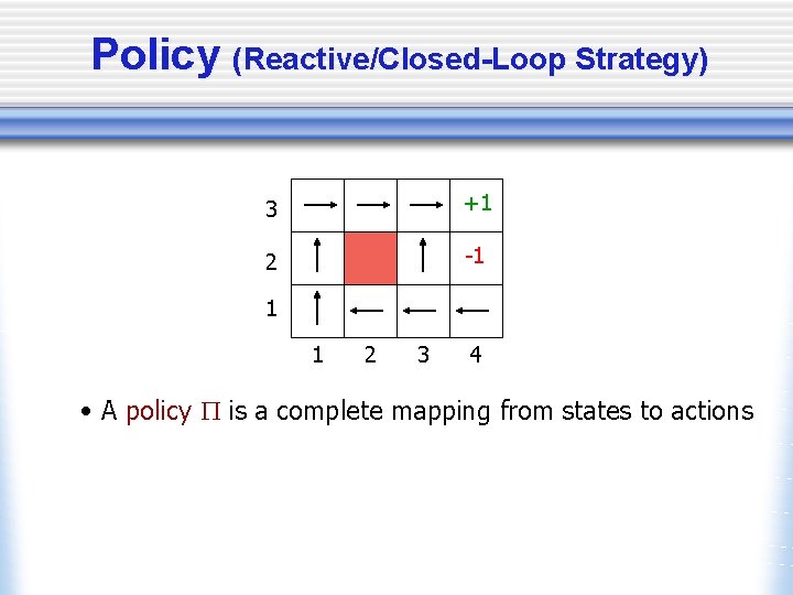 Policy (Reactive/Closed-Loop Strategy) 3 +1 2 -1 1 1 2 3 4 • A
