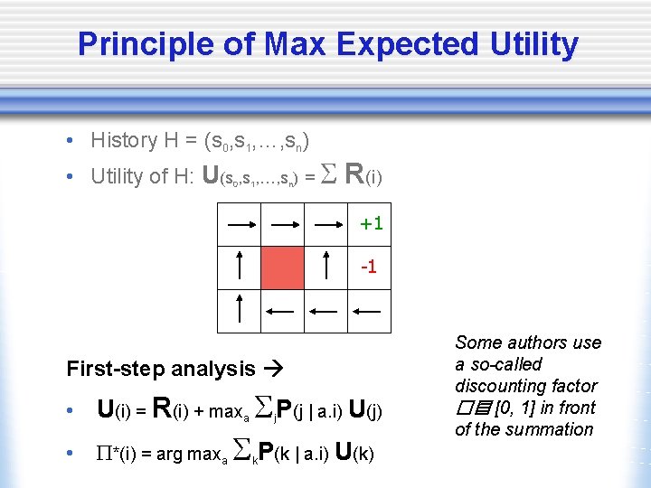 Principle of Max Expected Utility • History H = (s 0, s 1, …,