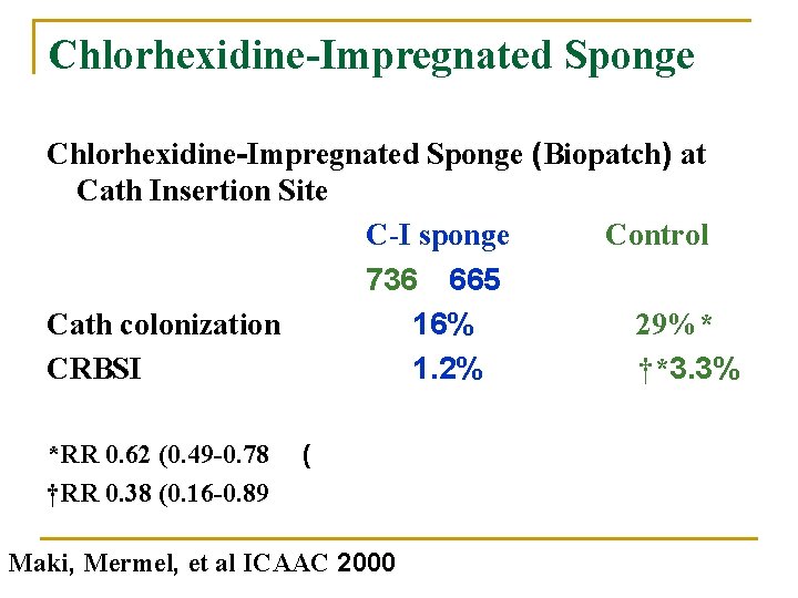 Chlorhexidine-Impregnated Sponge (Biopatch) at Cath Insertion Site C-I sponge Control 736 665 Cath colonization