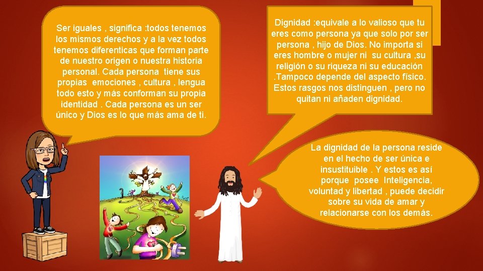 Ser iguales , significa : todos tenemos los mismos derechos y a la vez