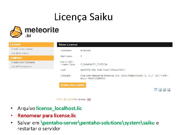 Licença Saiku • Arquivo license_localhost. lic • Renomear para license. lic • Salvar em