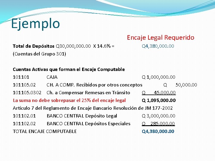 Ejemplo Encaje Legal Requerido Total de Depósitos Q 30, 000. 00 X 14. 6%