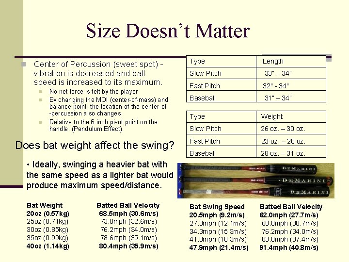 Size Doesn’t Matter n Center of Percussion (sweet spot) - vibration is decreased and