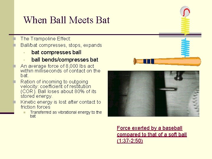 When Ball Meets Bat n The Trampoline Effect: n Ball/bat compresses, stops, expands •