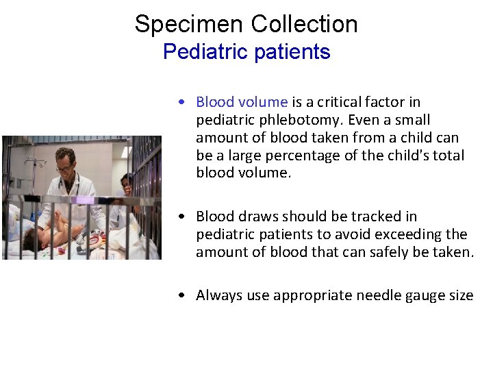 Specimen Collection Pediatric patients • Blood volume is a critical factor in pediatric phlebotomy. Specimen Collection Pediatric patients • Blood volume is a critical factor in pediatric phlebotomy.
