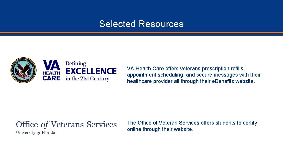 Selected Resources VA Health Care offers veterans prescription refills, appointment scheduling, and secure messages