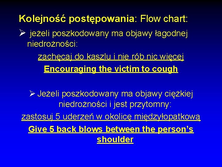 Kolejność postępowania: Flow chart: Ø jeżeli poszkodowany ma objawy łagodnej niedrożności: zachęcaj do kaszlu