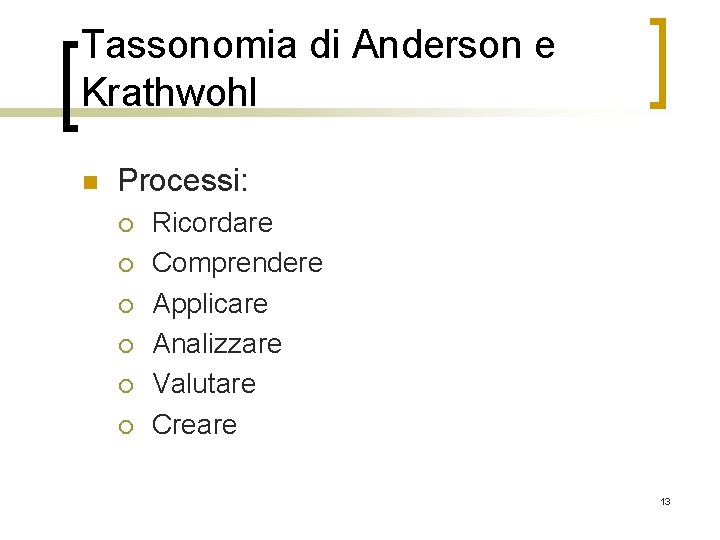 Tassonomia di Anderson e Krathwohl n Processi: ¡ ¡ ¡ Ricordare Comprendere Applicare Analizzare