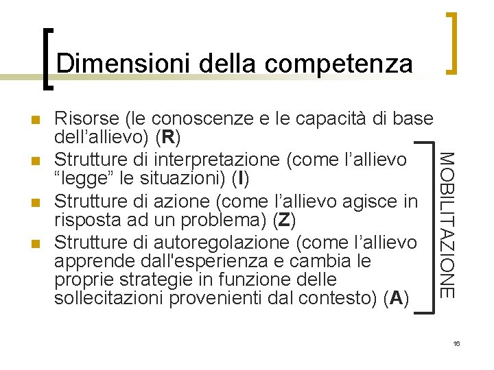 Dimensioni della competenza n n n MOBILITAZIONE n Risorse (le conoscenze e le capacità