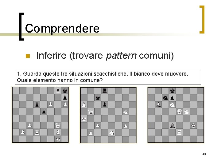 Comprendere n Inferire (trovare pattern comuni) 1. Guarda queste tre situazioni scacchistiche. Il bianco