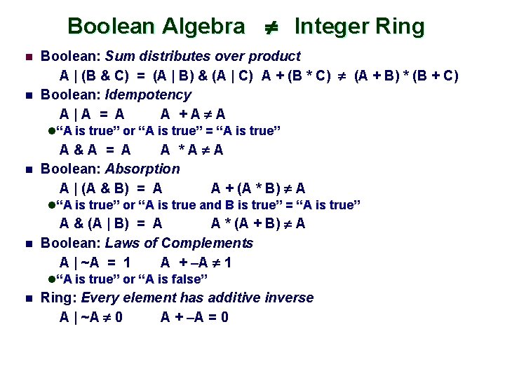 Boolean Algebra Integer Ring n n Boolean: Sum distributes over product A | (B