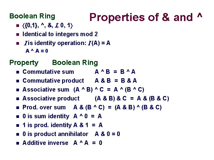 Boolean Ring Properties of & and ^ n {0, 1}, ^, &, , 0,