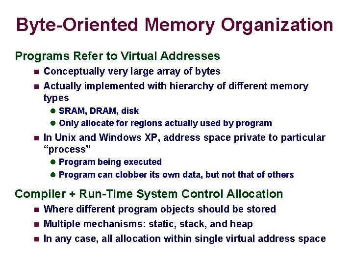 Byte-Oriented Memory Organization Programs Refer to Virtual Addresses n Conceptually very large array of