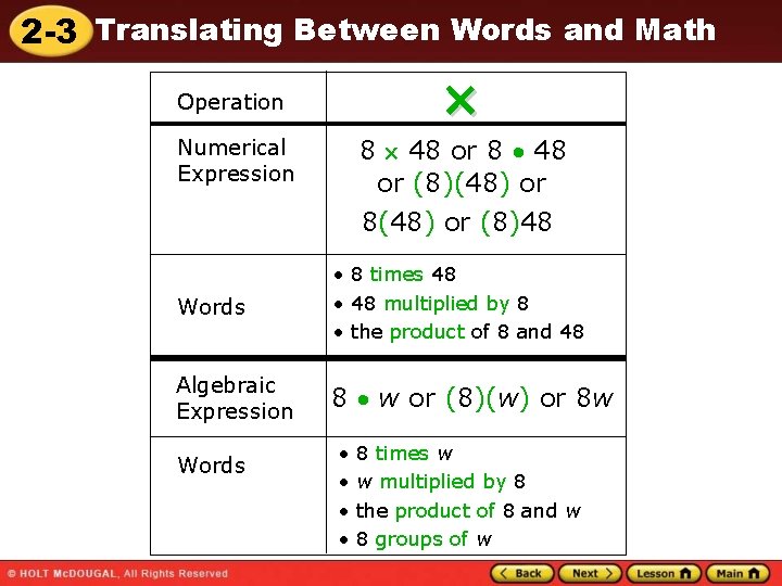 2 -3 Translating Between Words and Math Operation 8 48 or (8)(48) or 8(48)