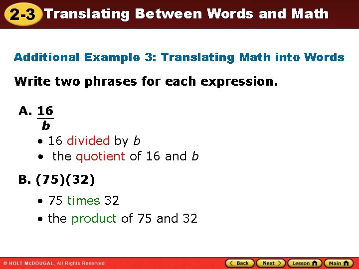 2 -3 Translating Between Words and Math Additional Example 3: Translating Math into Words