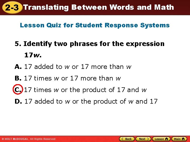 2 -3 Translating Between Words and Math Lesson Quiz for Student Response Systems 5.